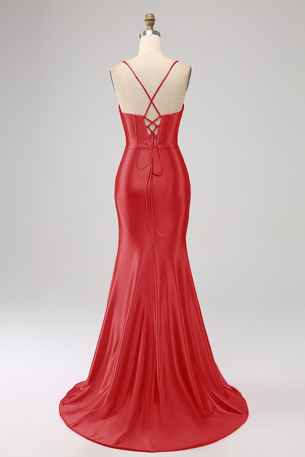 Stunning Red Mermaid Spaghetti Straps Corset Ball Dress with Split Front