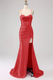 Stunning Red Mermaid Spaghetti Straps Corset Ball Dress with Split Front