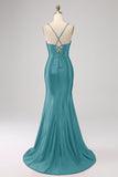 Stunning Black Mermaid Spaghetti Straps Corset Ball Dress with Split Front