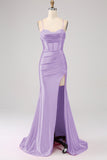 Stunning Red Mermaid Spaghetti Straps Corset Ball Dress with Split Front