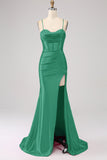 Stunning Black Mermaid Spaghetti Straps Corset Ball Dress with Split Front
