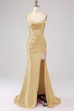 Stunning Black Mermaid Spaghetti Straps Corset Ball Dress with Split Front