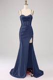 Stunning Red Mermaid Spaghetti Straps Corset Ball Dress with Split Front