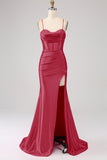 Stunning Black Mermaid Spaghetti Straps Corset Ball Dress with Split Front