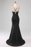 Stunning Black Mermaid Spaghetti Straps Corset Ball Dress with Split Front