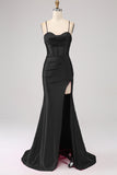 Stunning Black Mermaid Spaghetti Straps Corset Ball Dress with Split Front