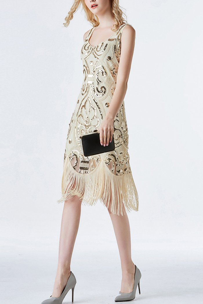 1920s Champagne Sequins Flapper Tea-Length Dress