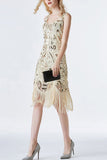1920s Champagne Sequins Flapper Tea-Length Dress