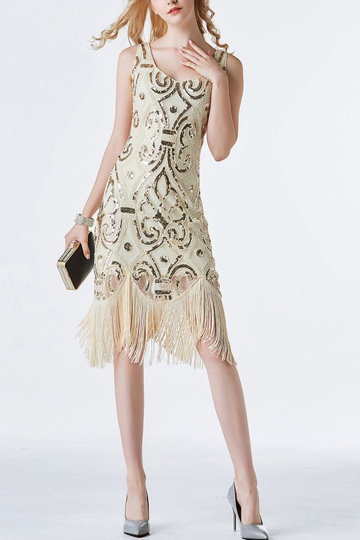 1920s Champagne Sequins Flapper Tea-Length Dress