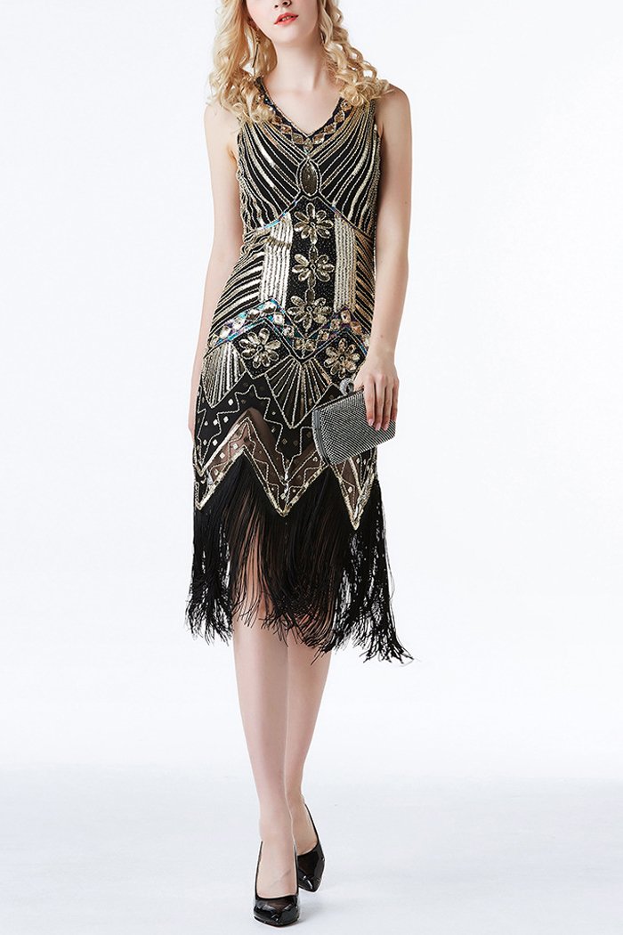Black Glitter Fringe 1920s Flapper Dress
