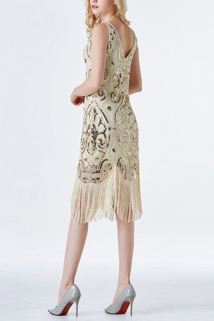 1920s Champagne Sequins Flapper Tea-Length Dress