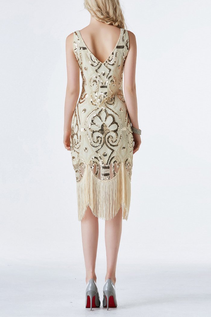 1920s Champagne Sequins Flapper Tea-Length Dress