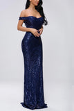 Off Shoulder Navy Mermaid Sequins Dress