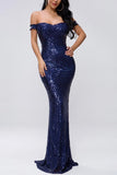 Off Shoulder Navy Mermaid Sequins Dress