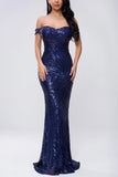Off Shoulder Navy Mermaid Sequins Dress