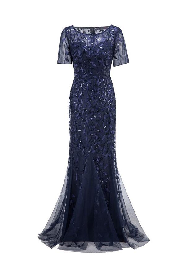 Mermaid Short Sleeves Navy Ball Dress