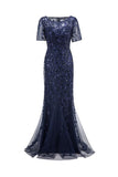 Mermaid Short Sleeves Navy Ball Dress