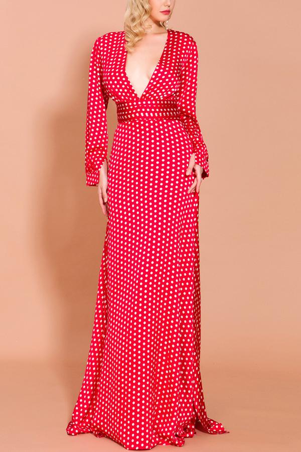 Red Polka Dots Long Sleeves Bohemian Dress