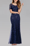 Mermaid Short Sleeves Navy Ball Dress