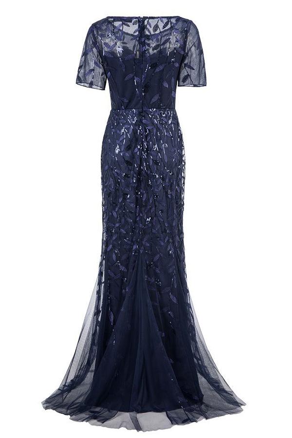 Mermaid Short Sleeves Navy Ball Dress