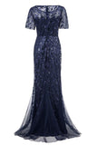 Mermaid Short Sleeves Navy Ball Dress