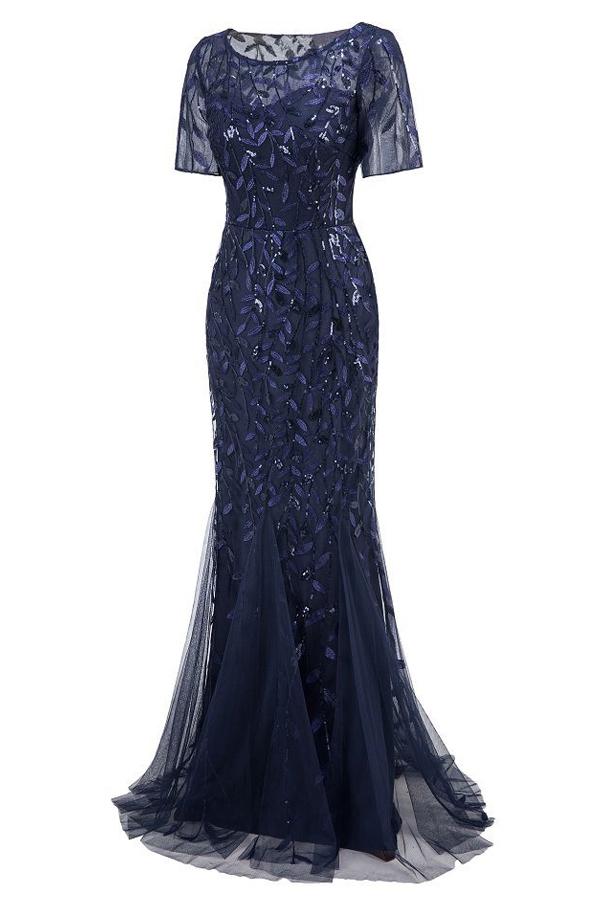 Mermaid Short Sleeves Navy Ball Dress