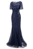 Mermaid Short Sleeves Navy Ball Dress