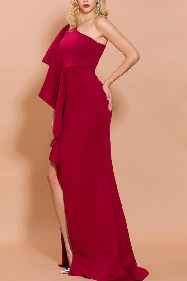 Burgundy One-Shoulder Long Ball Dress Ruffles Split Formal Dress