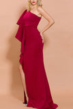 Burgundy One-Shoulder Long Ball Dress Ruffles Split Formal Dress