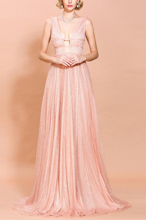 Pink Sequined Long Ball Dress
