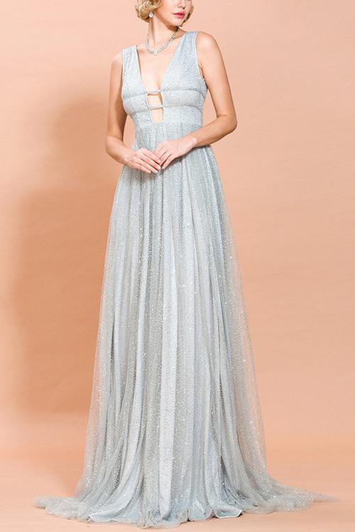 A Line Silver Sequins Long Ball Dress
