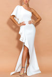 White Asymmetrical One-Shoulder Split Ball Dress