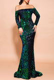 Green Mermaid Sequin Long Ball Dress with Sleeves