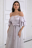 Grey Spaghetti Straps Prom Dress with Lace