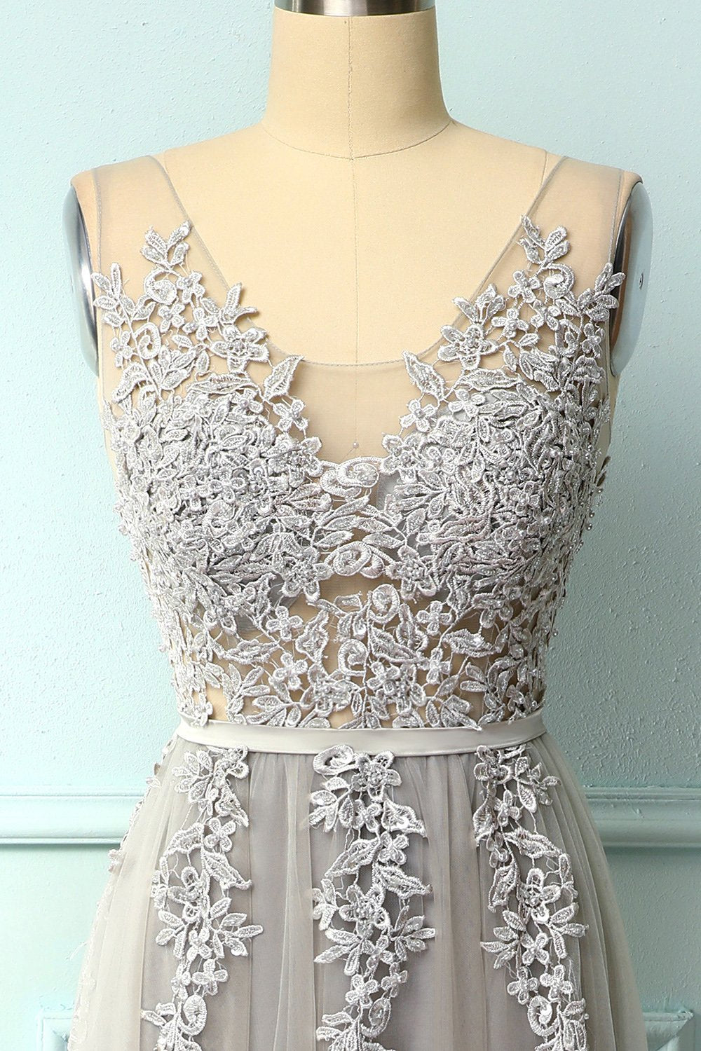 Grey Appliques Long Ball Dress