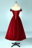 Burgundy Off-the-Shoulder Velvet Party Dress