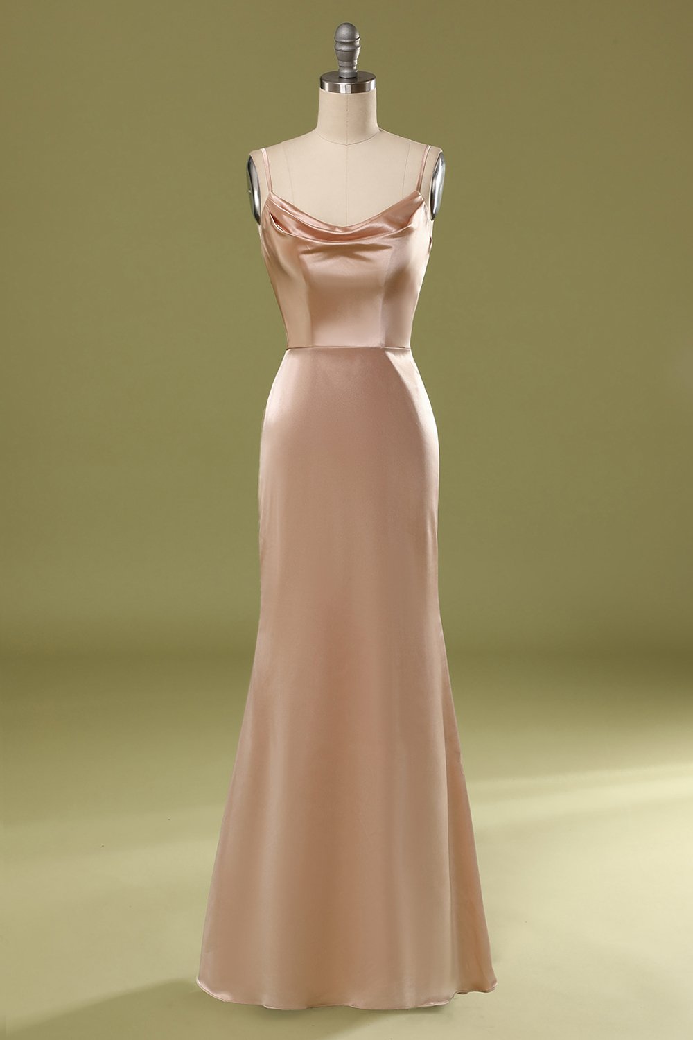 Simple Champagne Cowl-Neck Satin Long Dress