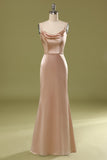 Simple Champagne Cowl-Neck Satin Long Dress