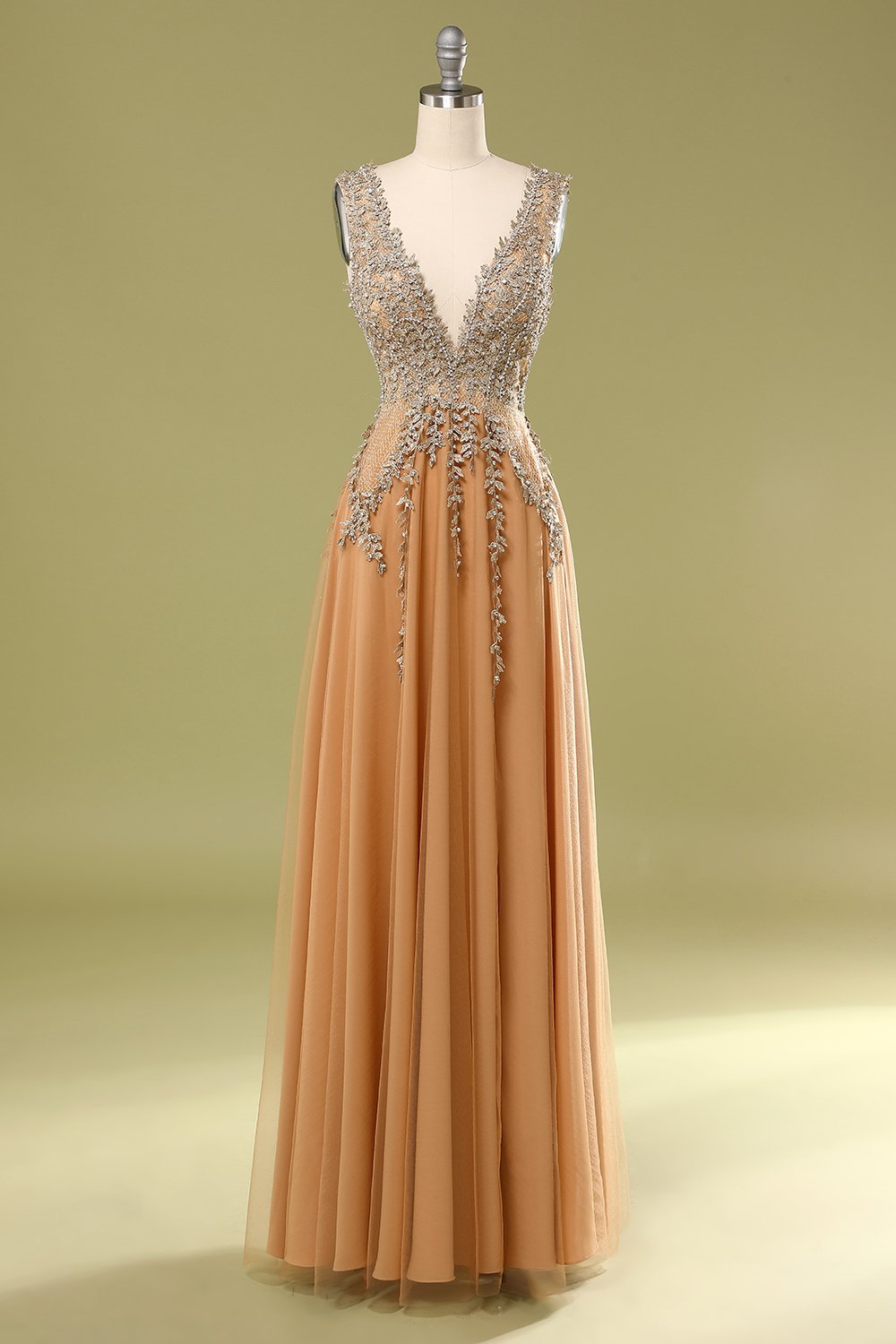 Orange Appliqued V-Neck A-Line Long Tulle Ball Dress