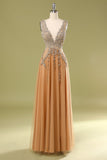 Orange Appliqued V-Neck A-Line Long Tulle Ball Dress