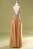 Orange Appliqued V-Neck A-Line Long Tulle Ball Dress