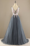 Gorgeous Deep V-Neck Grey Pink Ball Dress with Appliques