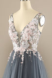 Gorgeous Deep V-Neck Grey Pink Ball Dress with Appliques