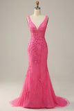 Mermaid Deep V Neck Hot Pink Long Ball Dress with Open Back