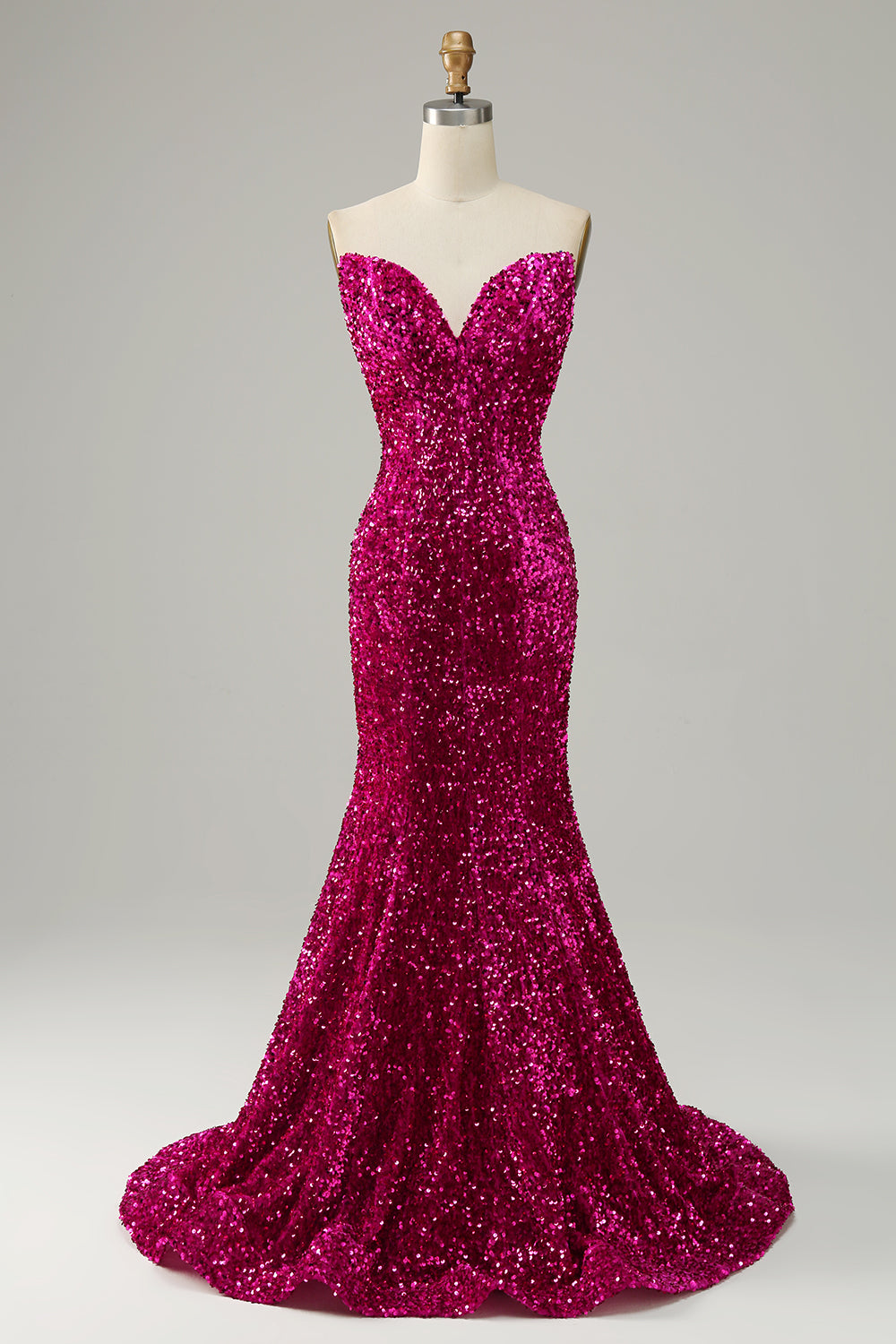 Fuchsia Sweetheart Neck Sequined Mermaid Ball Dress With Sweep Train