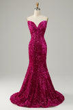 Fuchsia Sweetheart Neck Sequined Mermaid Ball Dress With Sweep Train