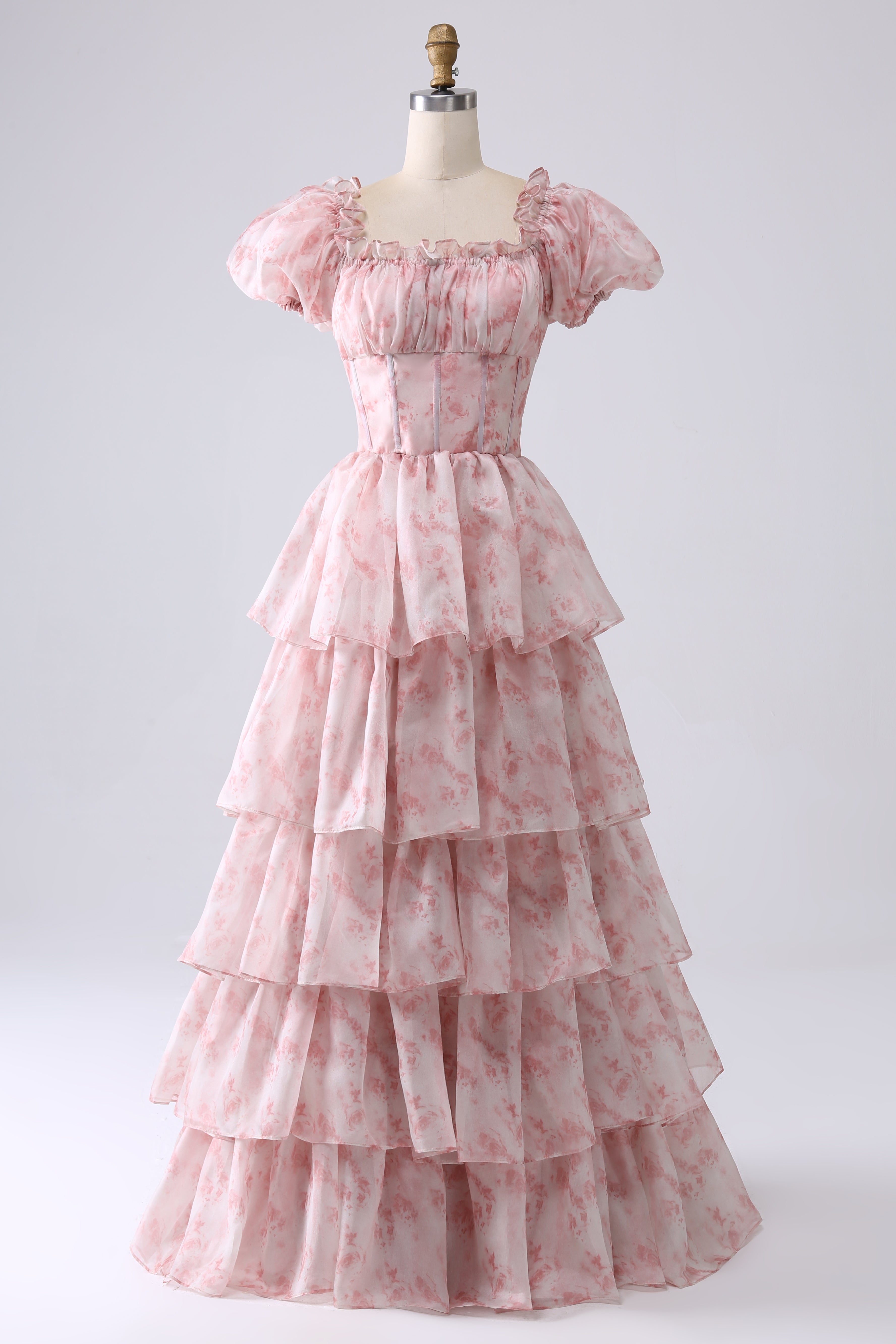Blush A Line Square Neck Tiered Ball Dress with Ruffles