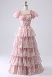 Blush A Line Square Neck Tiered Ball Dress with Ruffles