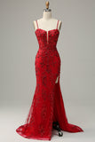 Mermaid Spaghetti Straps Red Sequins Long Ball Dress with Split Front