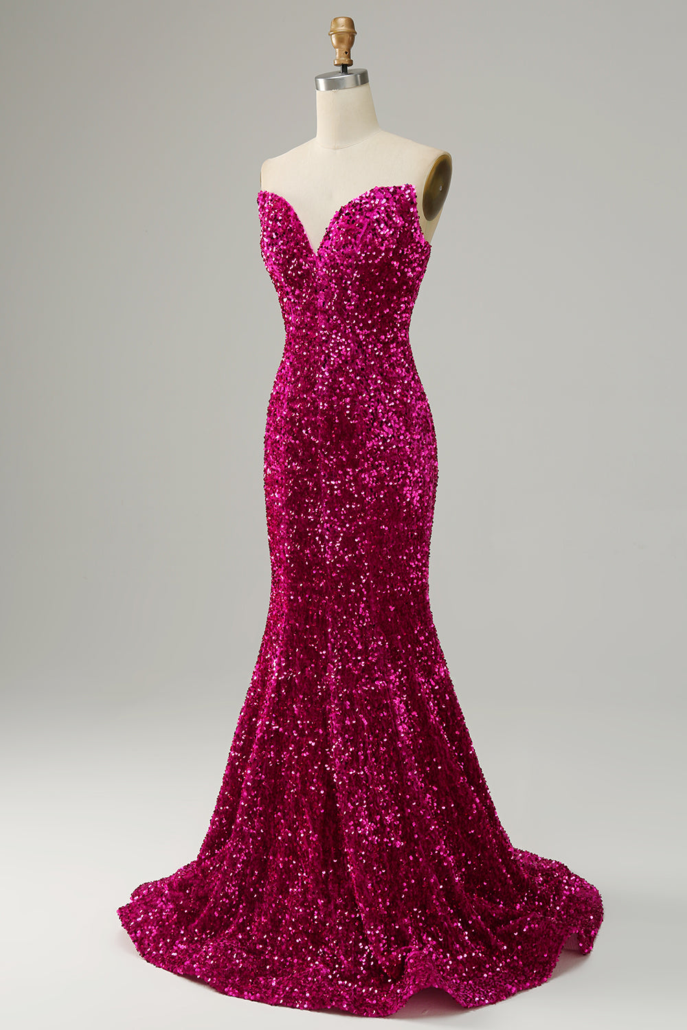 Fuchsia Sweetheart Neck Sequined Mermaid Ball Dress With Sweep Train